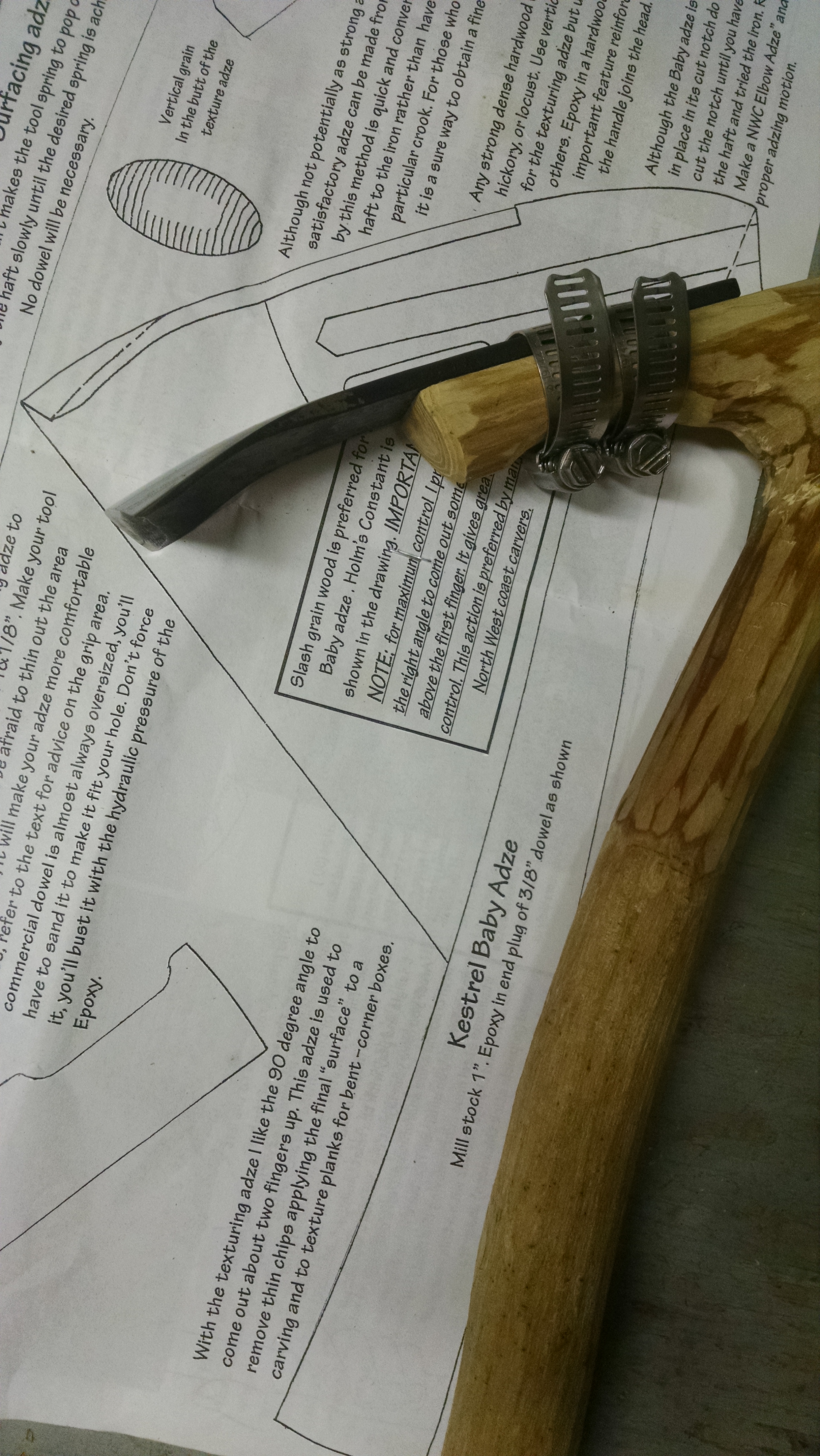 Woodworking tools : 1 : Adze handle made of pine, 2 : Adze blade